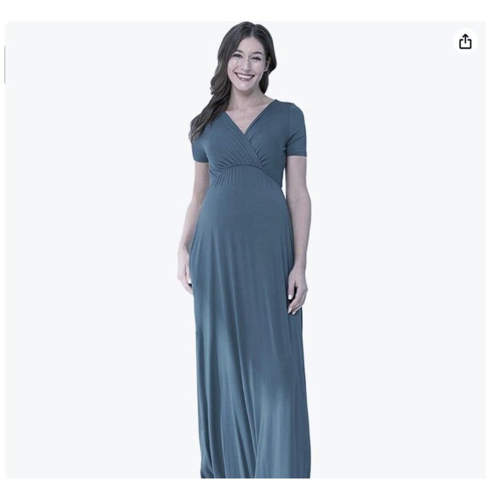 NEW Blue Jersey Maxi Maternity & Nursing Fau Wrap Dress M Baby Shower Photoshoot
